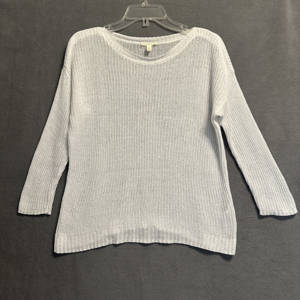 Eileen Fisher Organic Linen Open Knit Sweater XS White Lightweight Beachy Boxy